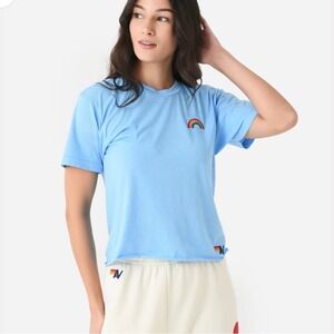 Aviator Nation Light Blue Rainbow Embroidery‎ Cropped Boyfriend Tee SZ S